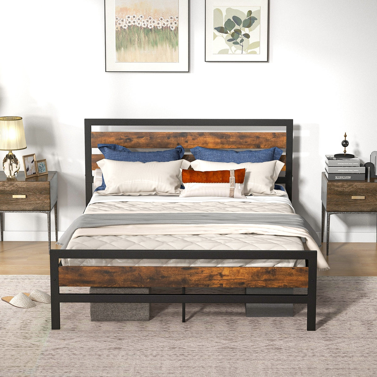Industrial Bed Frame with Rustic Headboard and Footboard-Simple Bed Frame-DECOROLALA