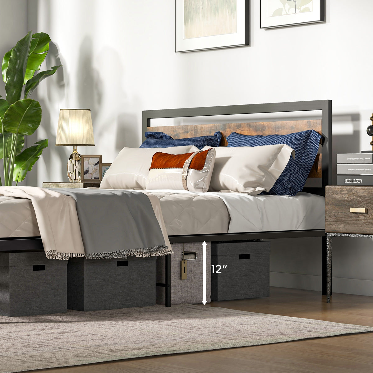 Industrial Bed Frame with Rustic Headboard and Footboard-Simple Bed Frame-DECOROLALA