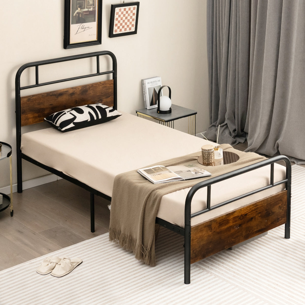 Bed Frame with Industrial Headboard-Simple Bed Frame-DECOROLALA