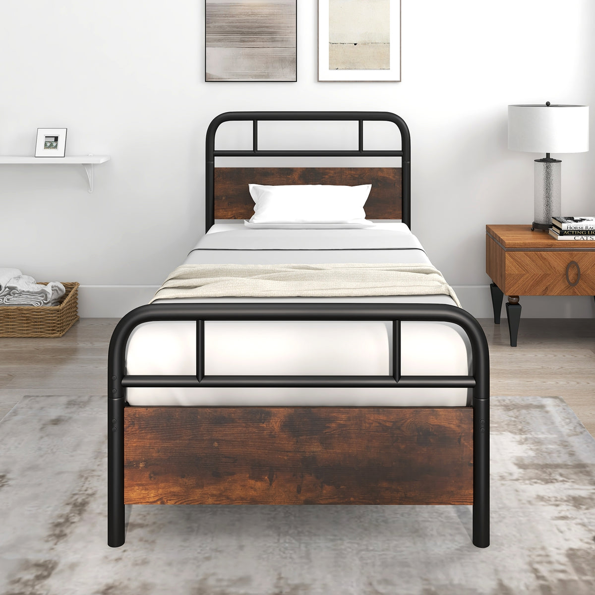 Bed Frame with Industrial Headboard-Simple Bed Frame-DECOROLALA