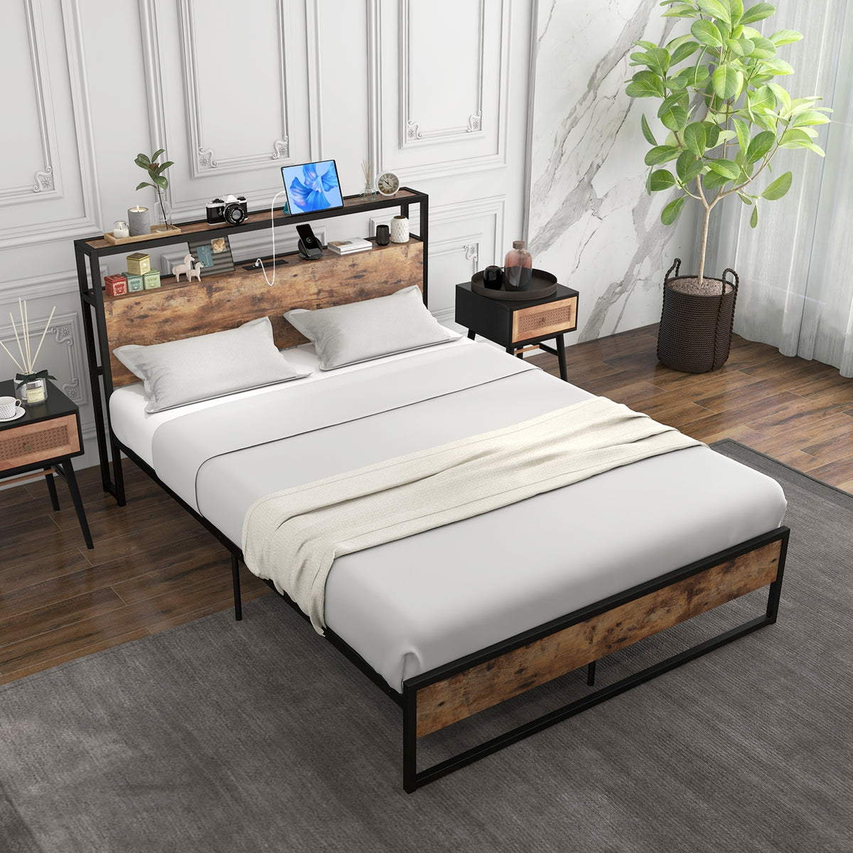 Bed Frame with 2-Tier Storage Headboard and Charging Station-Simple Bed Frame-DECOROLALA
