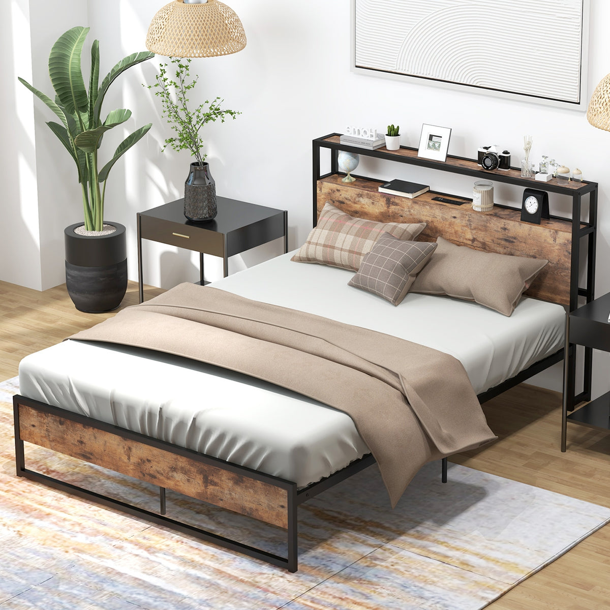 Bed Frame with 2-Tier Storage Headboard and Charging Station-Simple Bed Frame-DECOROLALA
