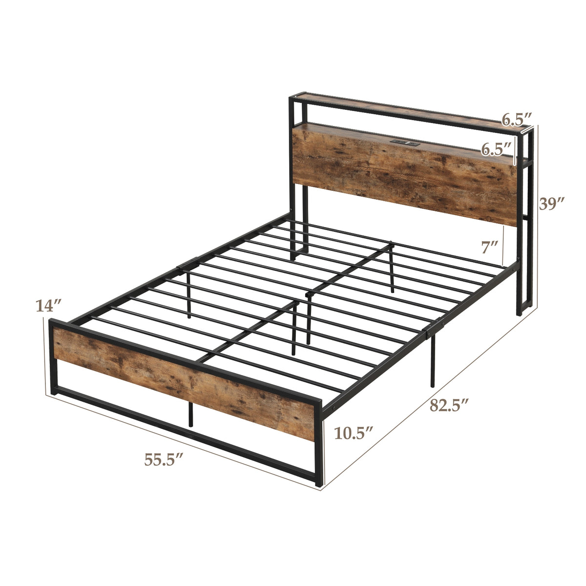 Bed Frame with 2-Tier Storage Headboard and Charging Station-Simple Bed Frame-DECOROLALA