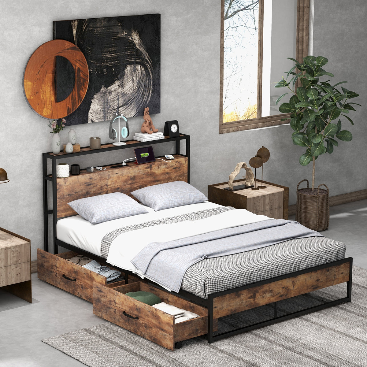 Bed Frame with 2-Tier Storage Headboard and Charging Station-Simple Bed Frame-DECOROLALA