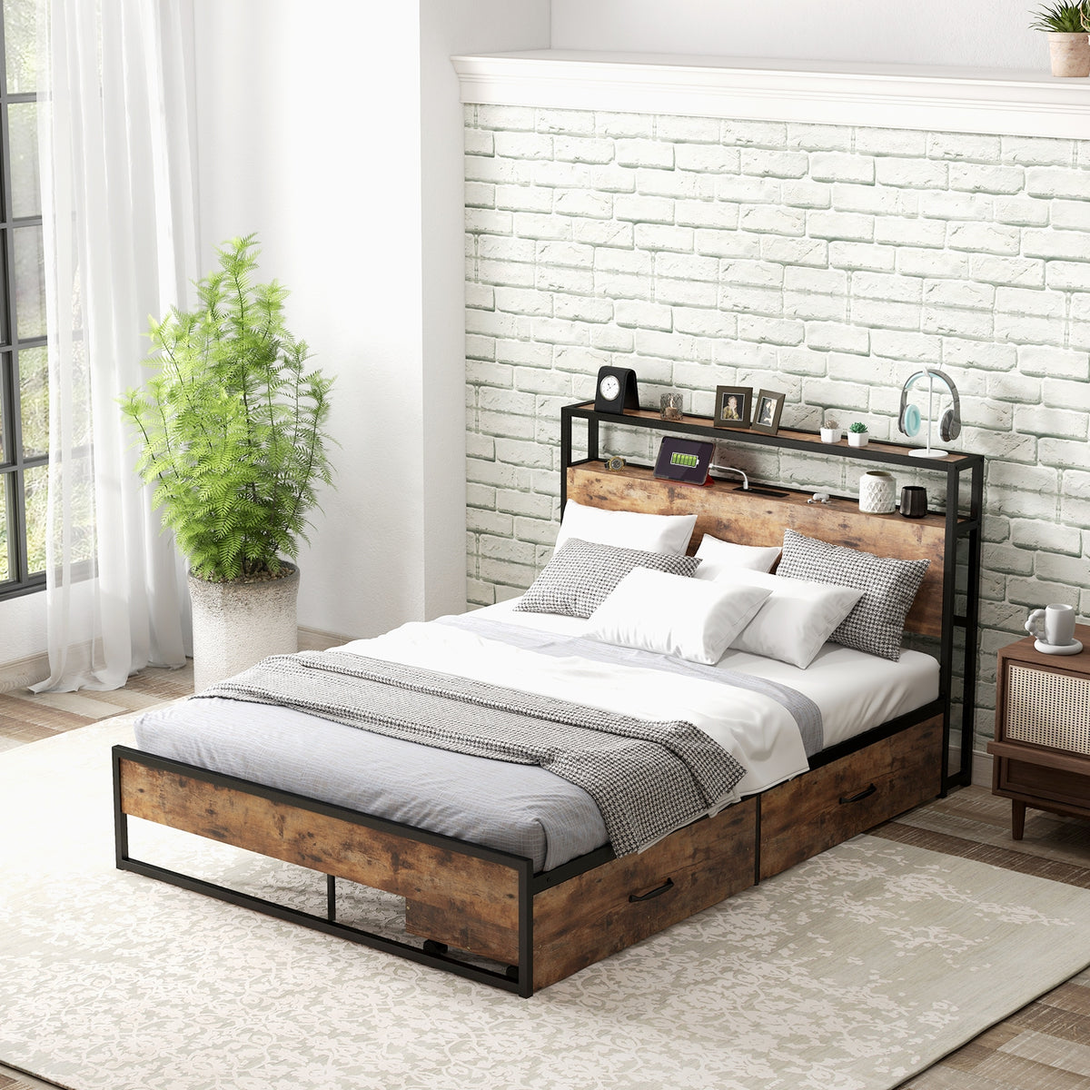Bed Frame with 2-Tier Storage Headboard and Charging Station-Simple Bed Frame-DECOROLALA