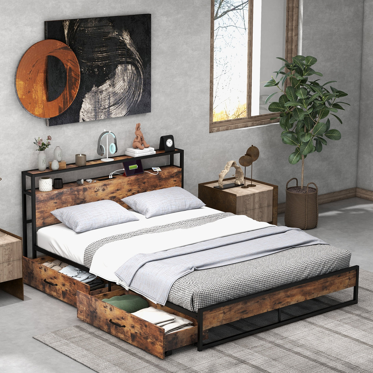 Bed Frame with 2-Tier Storage Headboard and Charging Station-Simple Bed Frame-DECOROLALA