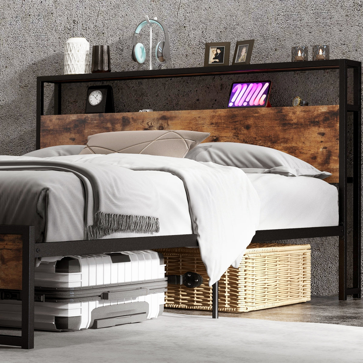 Bed Frame with 2-Tier Storage Headboard and Charging Station-Simple Bed Frame-DECOROLALA