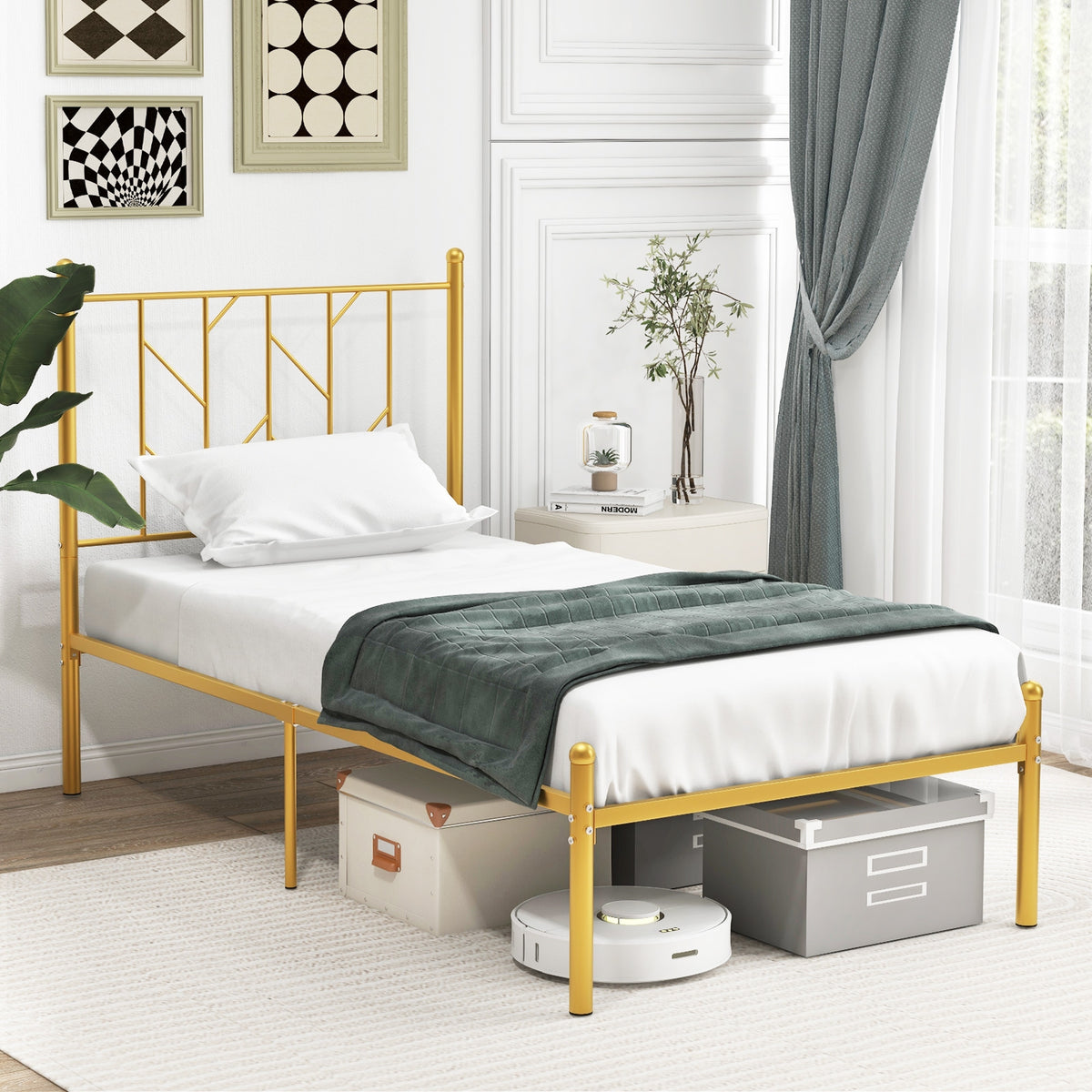 Metal Platform Bed Frame with Vintage Headboard-Simple Bed Frame-DECOROLALA