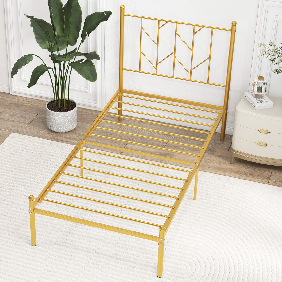 Metal Platform Bed Frame with Vintage Headboard-Simple Bed Frame-DECOROLALA