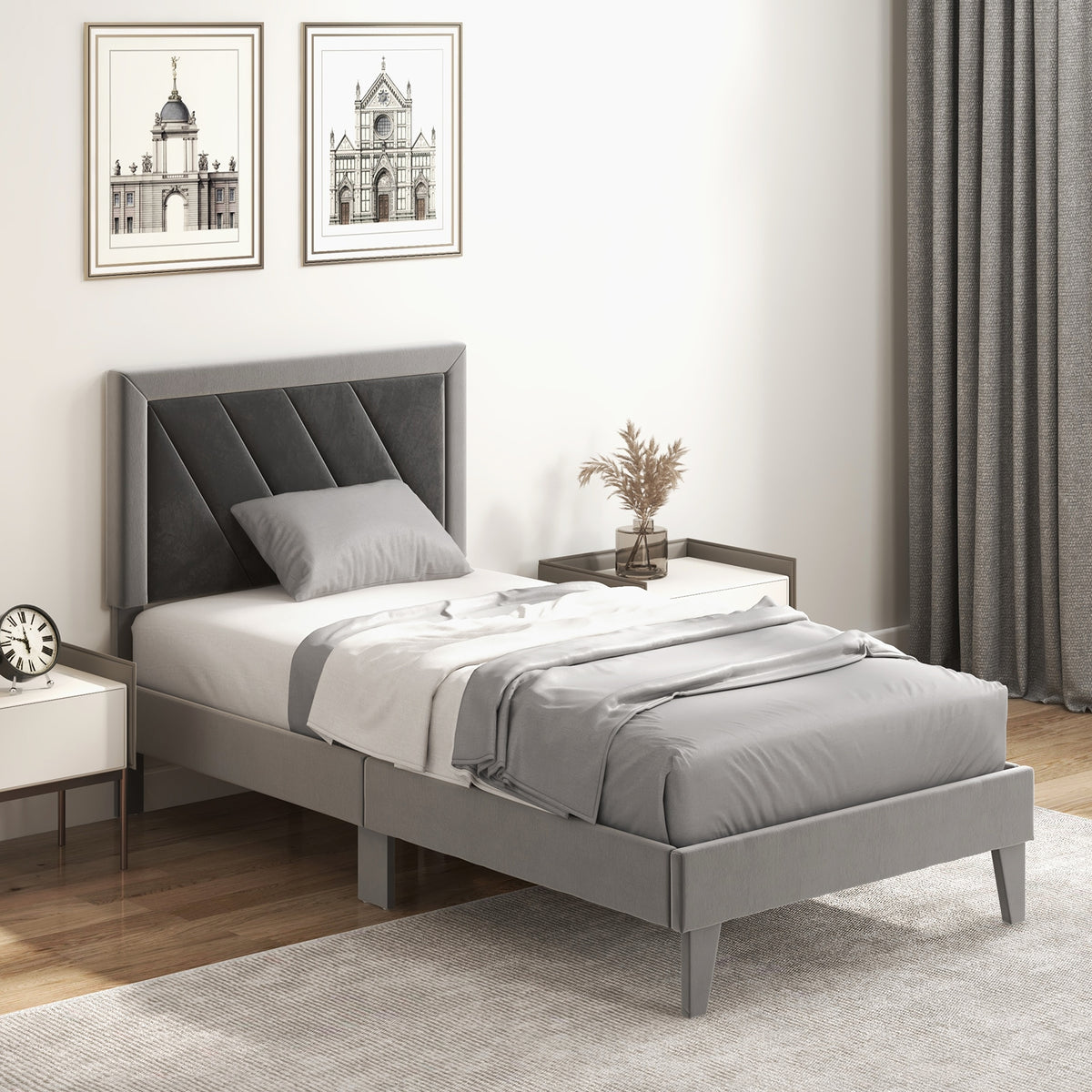 Platform Bed with High Headboard and Wooden Slats-Simple Bed Frame-DECOROLALA