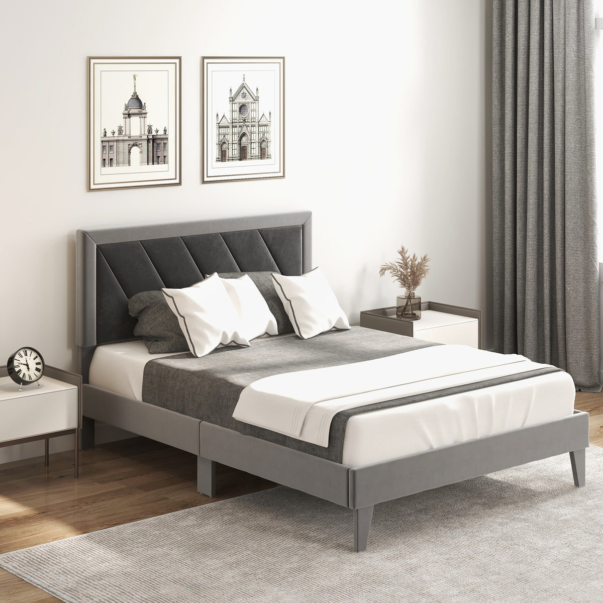 Platform Bed with High Headboard and Wooden Slats-Simple Bed Frame-DECOROLALA