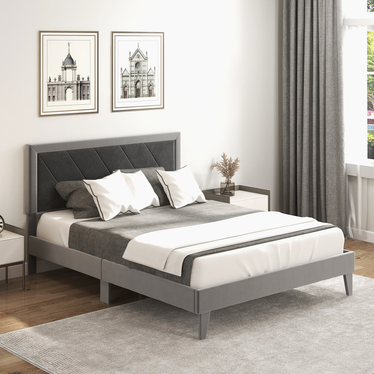 Platform Bed with High Headboard and Wooden Slats-Simple Bed Frame-DECOROLALA