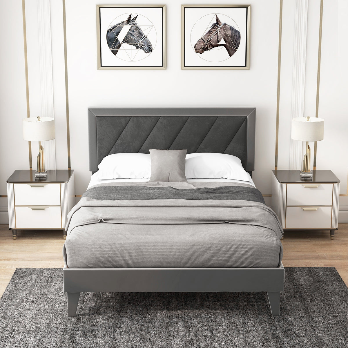 Platform Bed with High Headboard and Wooden Slats-Simple Bed Frame-DECOROLALA