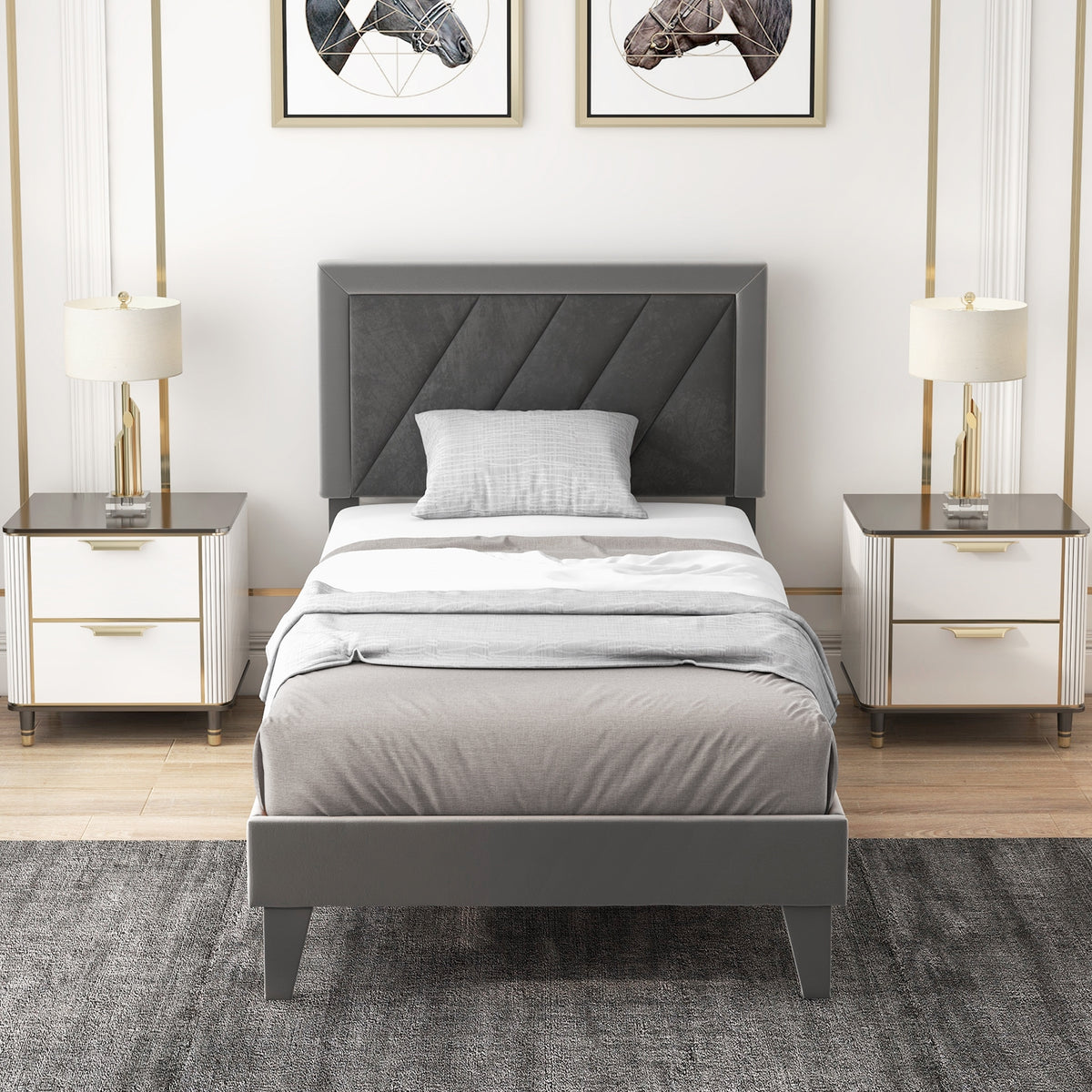 Platform Bed with High Headboard and Wooden Slats-Simple Bed Frame-DECOROLALA