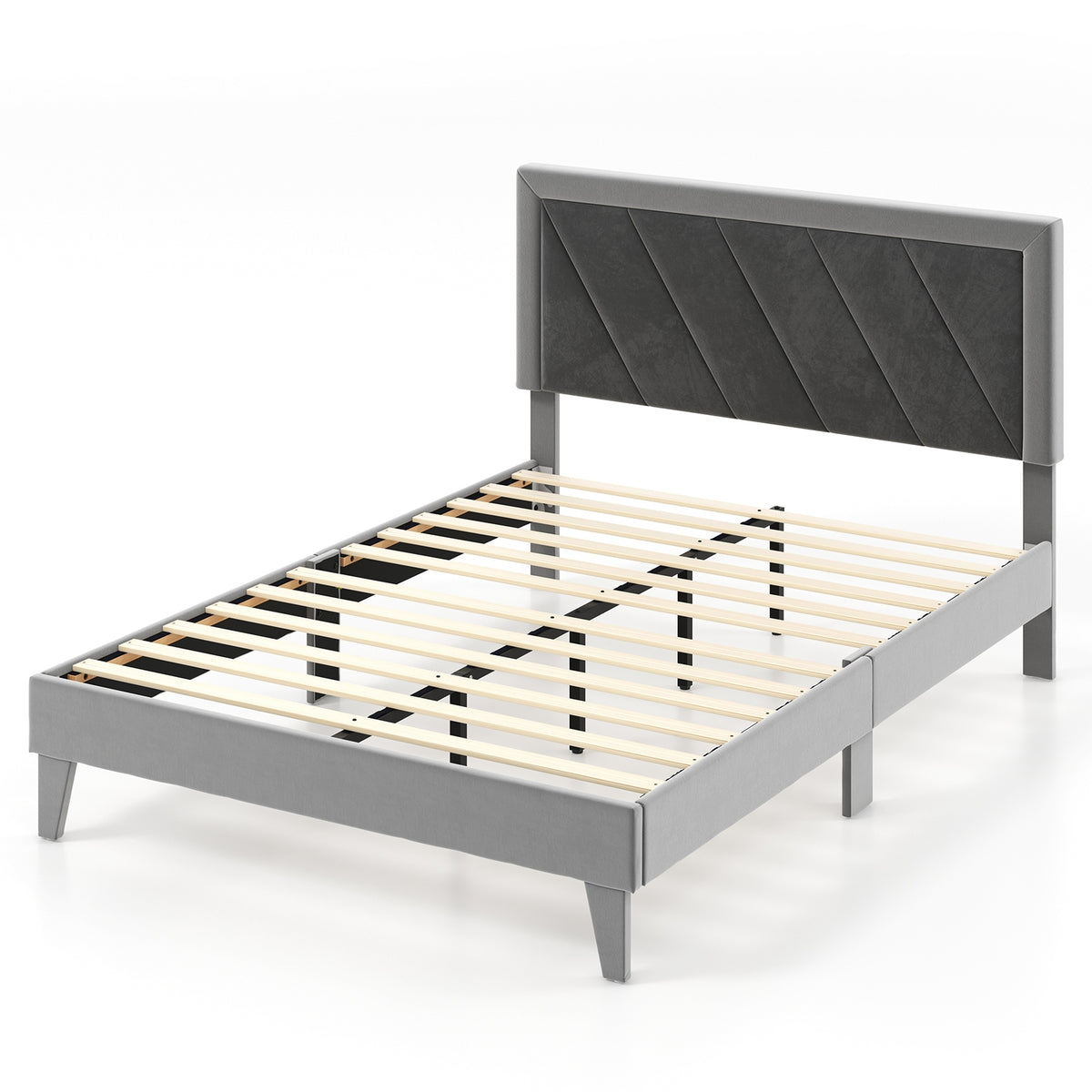 Platform Bed with High Headboard and Wooden Slats-Simple Bed Frame-DECOROLALA