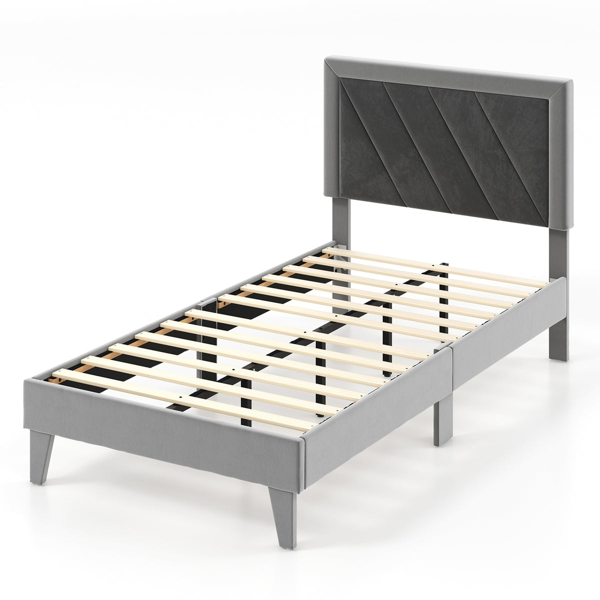 Platform Bed with High Headboard and Wooden Slats-Simple Bed Frame-DECOROLALA
