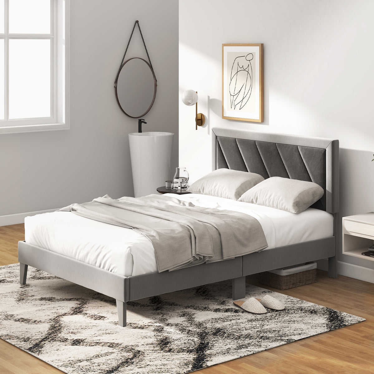 Platform Bed with High Headboard and Wooden Slats-Simple Bed Frame-DECOROLALA