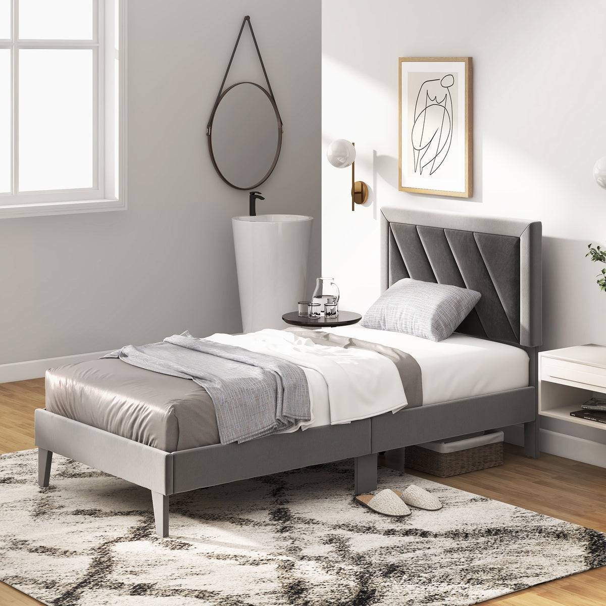 Platform Bed with High Headboard and Wooden Slats-Simple Bed Frame-DECOROLALA