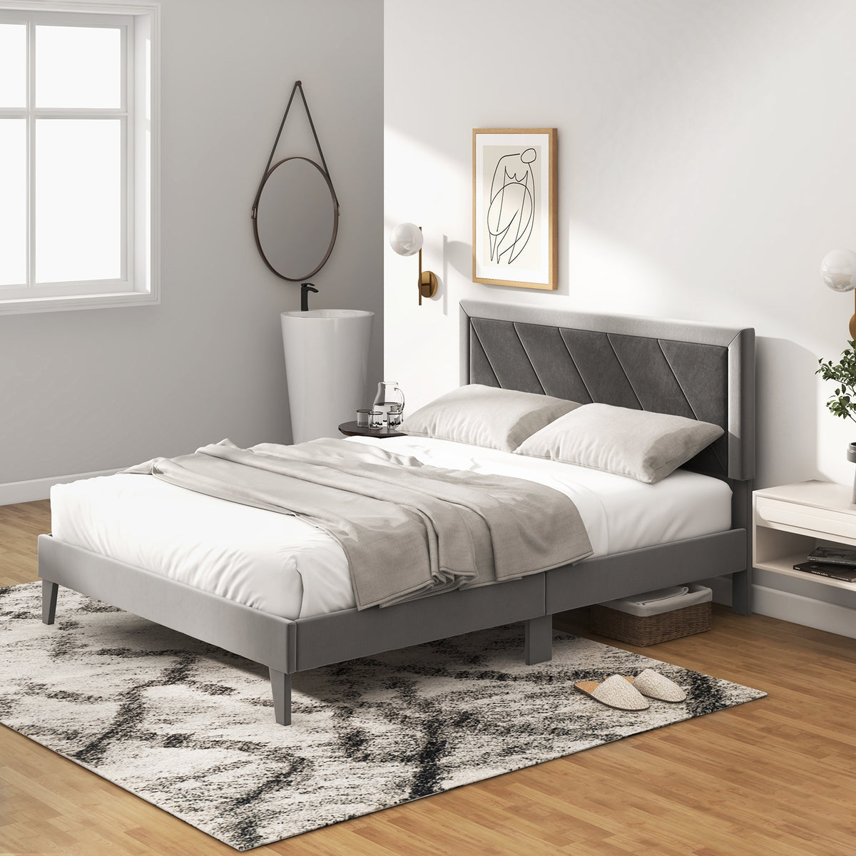 Platform Bed with High Headboard and Wooden Slats-Simple Bed Frame-DECOROLALA