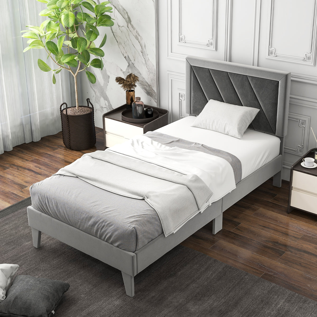 Platform Bed with High Headboard and Wooden Slats-Simple Bed Frame-DECOROLALA
