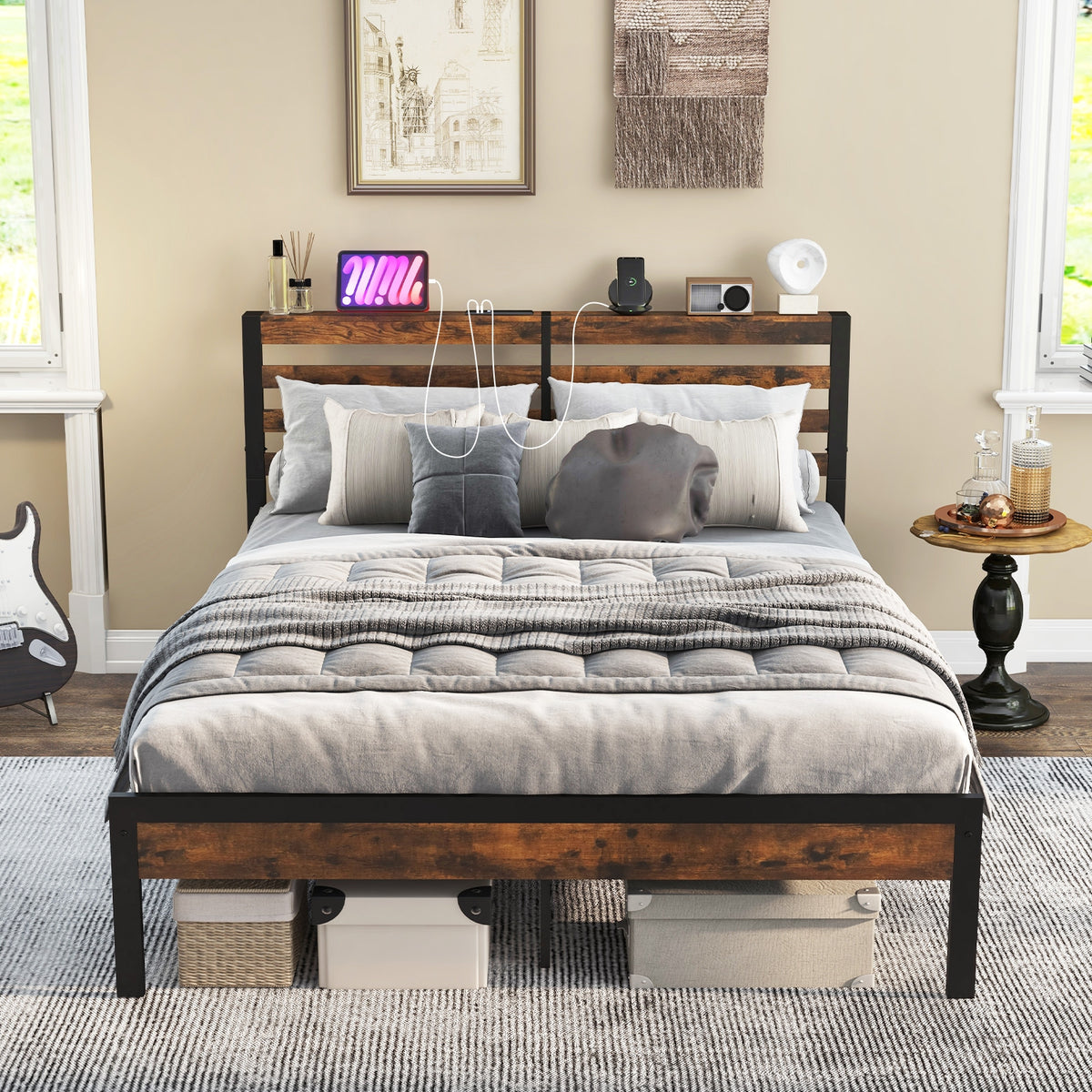 Bed Frame with Charging Station and Storage Headboard-Simple Bed Frame-DECOROLALA