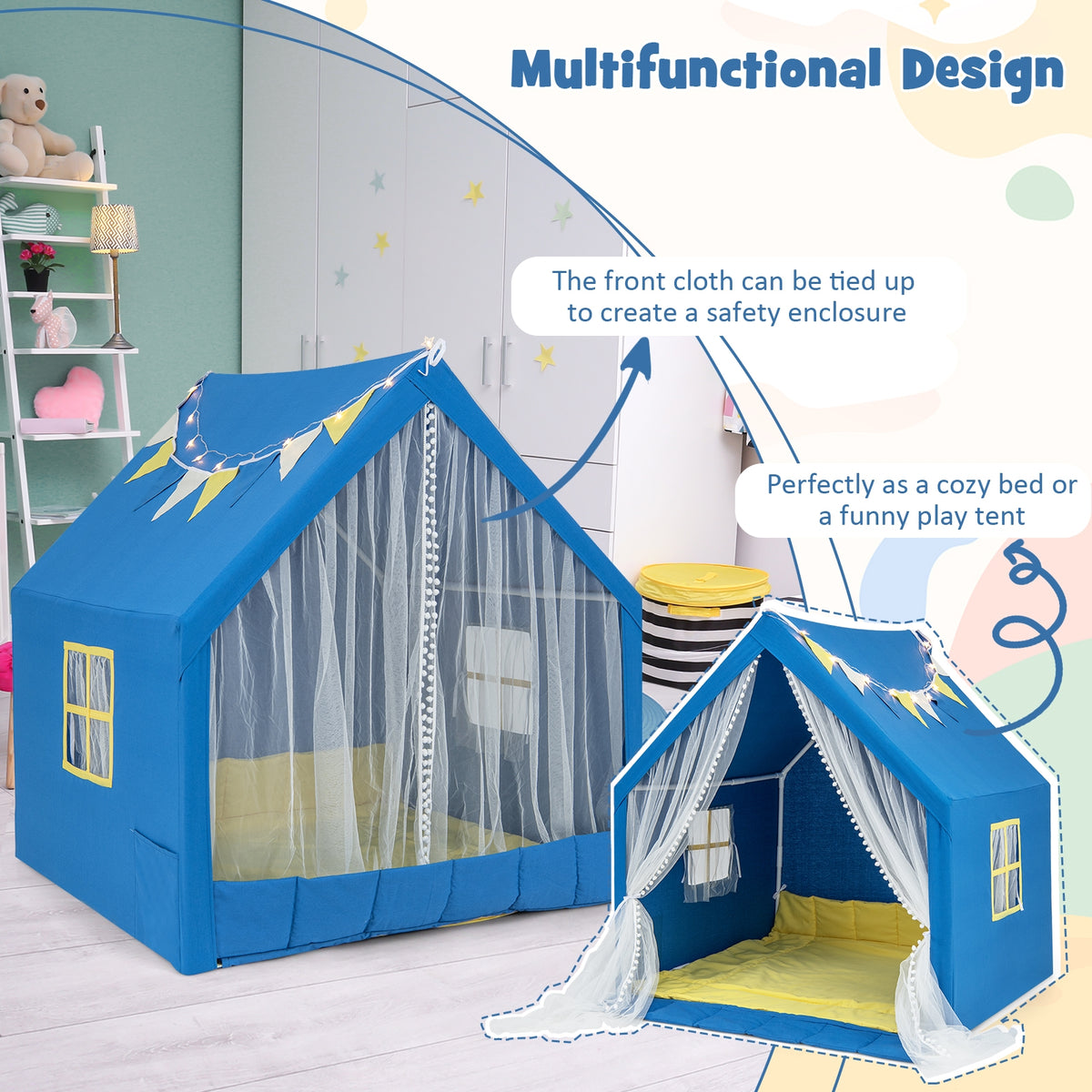 Grande tente de jeu de 48 x 42 x 50 pouces avec tapis en coton lavable, cadeau de fête ou d'anniversaire pour enfants