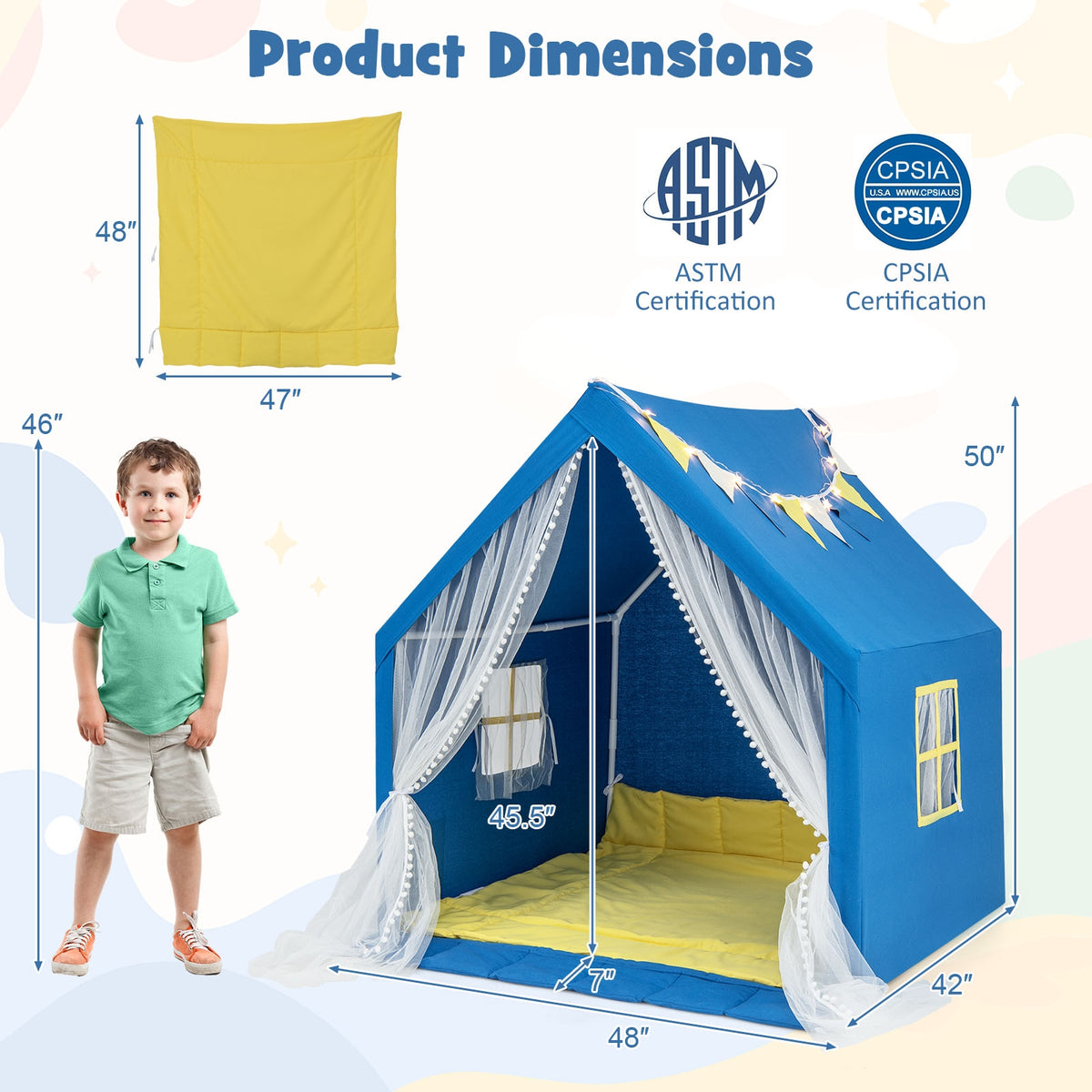 Grande tente de jeu de 48 x 42 x 50 pouces avec tapis en coton lavable, cadeau de fête ou d'anniversaire pour enfants
