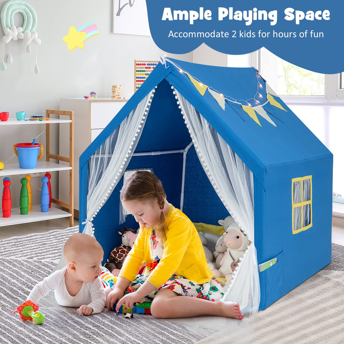 Grande tente de jeu de 48 x 42 x 50 pouces avec tapis en coton lavable, cadeau de fête ou d'anniversaire pour enfants