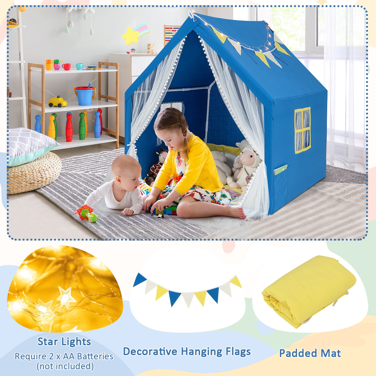 Grande tente de jeu de 48 x 42 x 50 pouces avec tapis en coton lavable, cadeau de fête ou d'anniversaire pour enfants