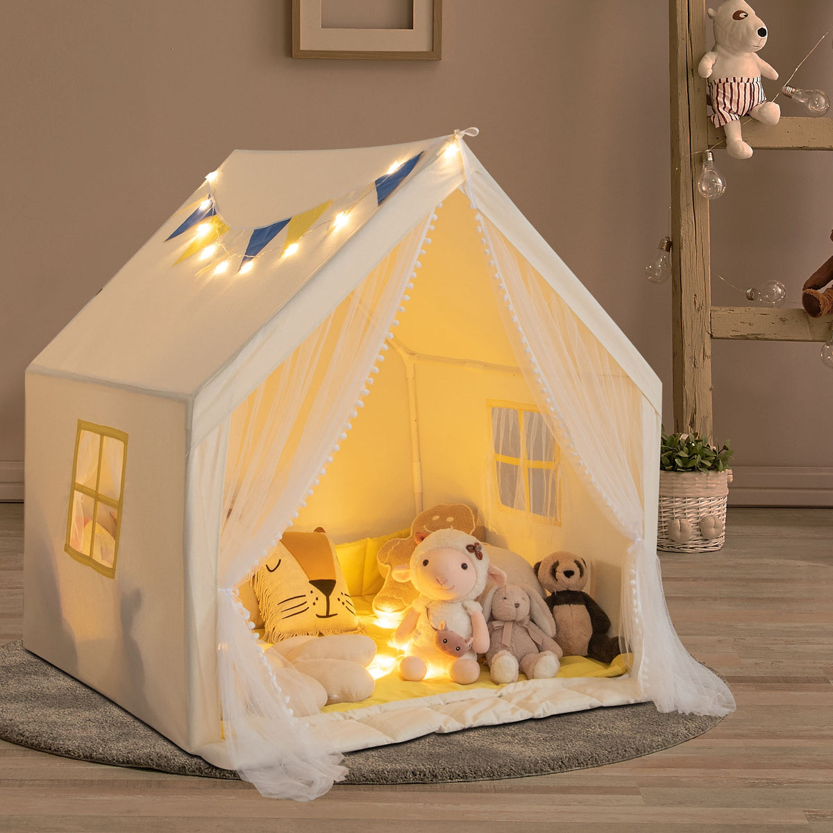 Grande tente de jeu de 48 x 42 x 50 pouces avec tapis en coton lavable, cadeau de fête ou d'anniversaire pour enfants