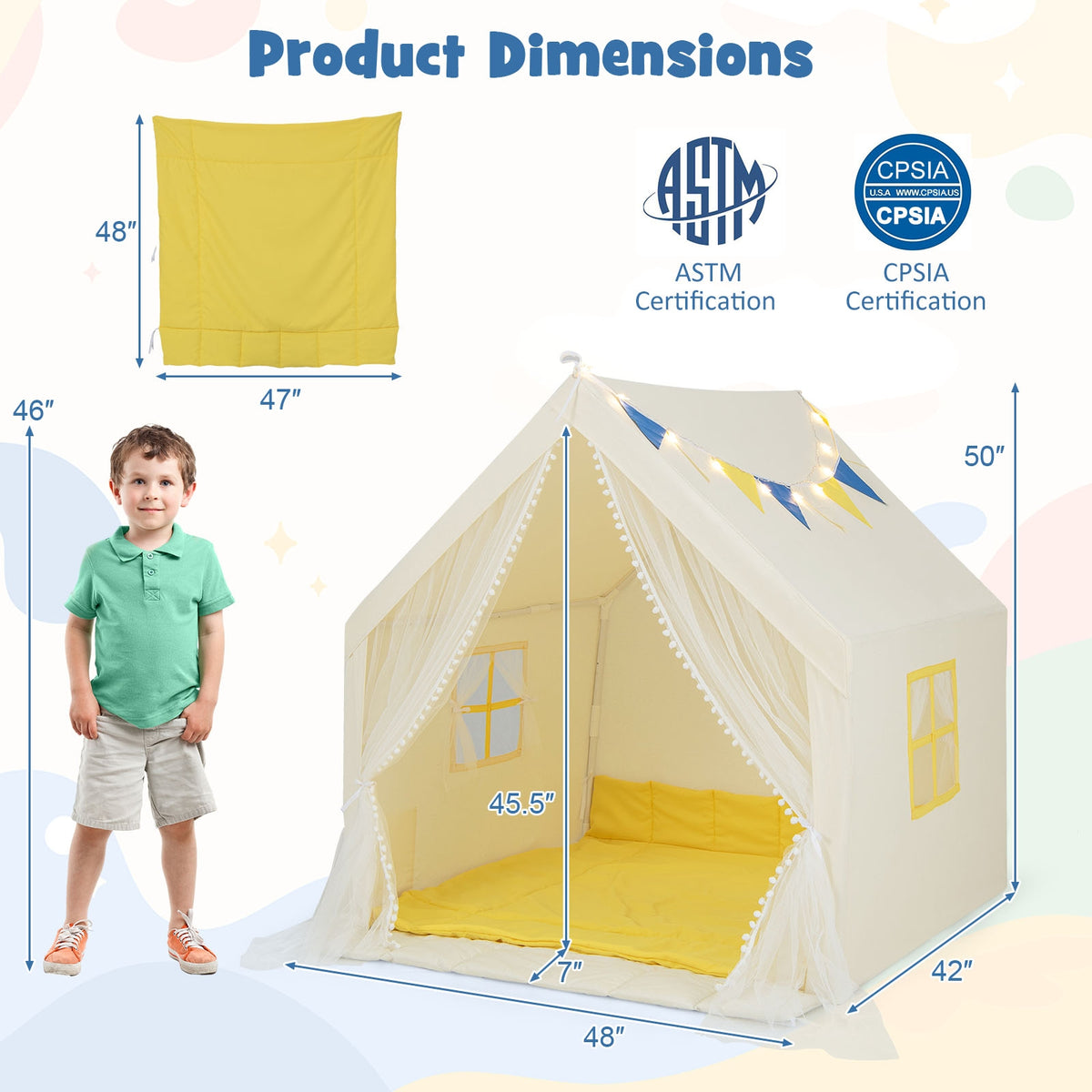 Grande tente de jeu de 48 x 42 x 50 pouces avec tapis en coton lavable, cadeau de fête ou d'anniversaire pour enfants