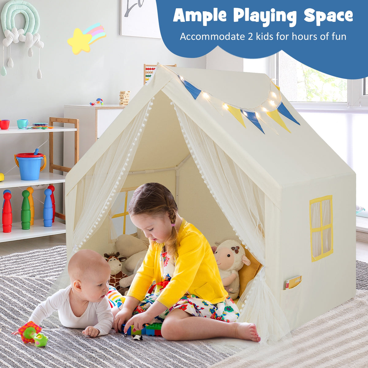 Grande tente de jeu de 48 x 42 x 50 pouces avec tapis en coton lavable, cadeau de fête ou d'anniversaire pour enfants