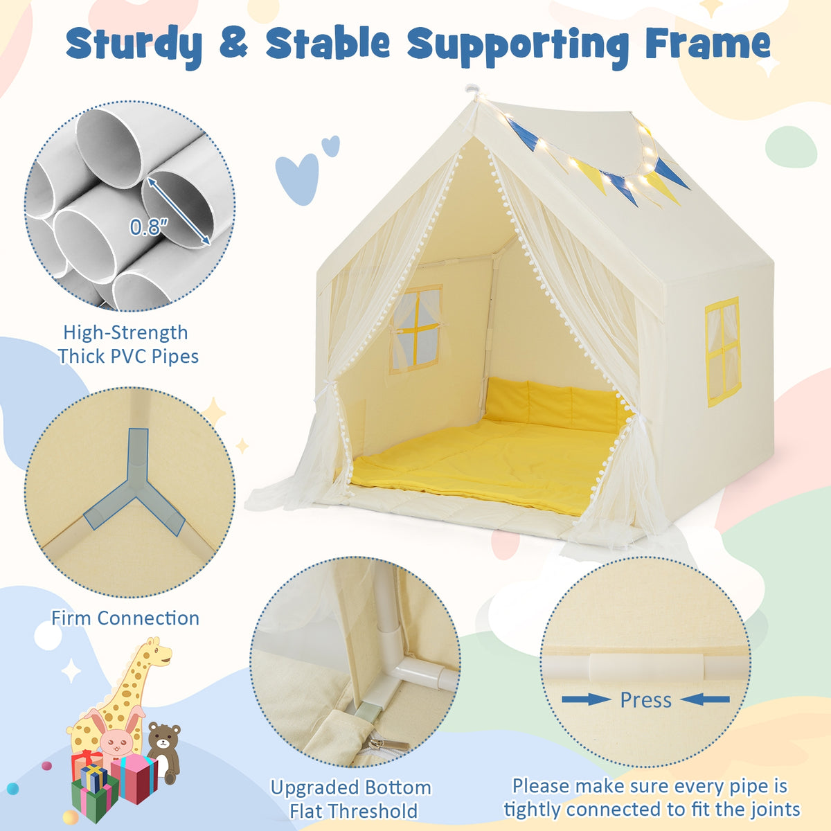 Grande tente de jeu de 48 x 42 x 50 pouces avec tapis en coton lavable, cadeau de fête ou d'anniversaire pour enfants