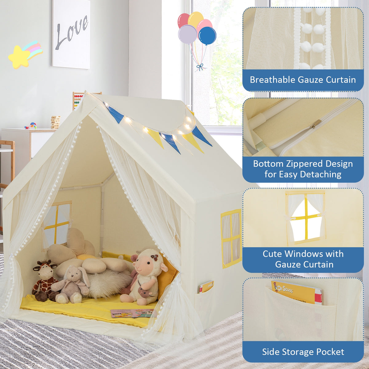 Grande tente de jeu de 48 x 42 x 50 pouces avec tapis en coton lavable, cadeau de fête ou d'anniversaire pour enfants