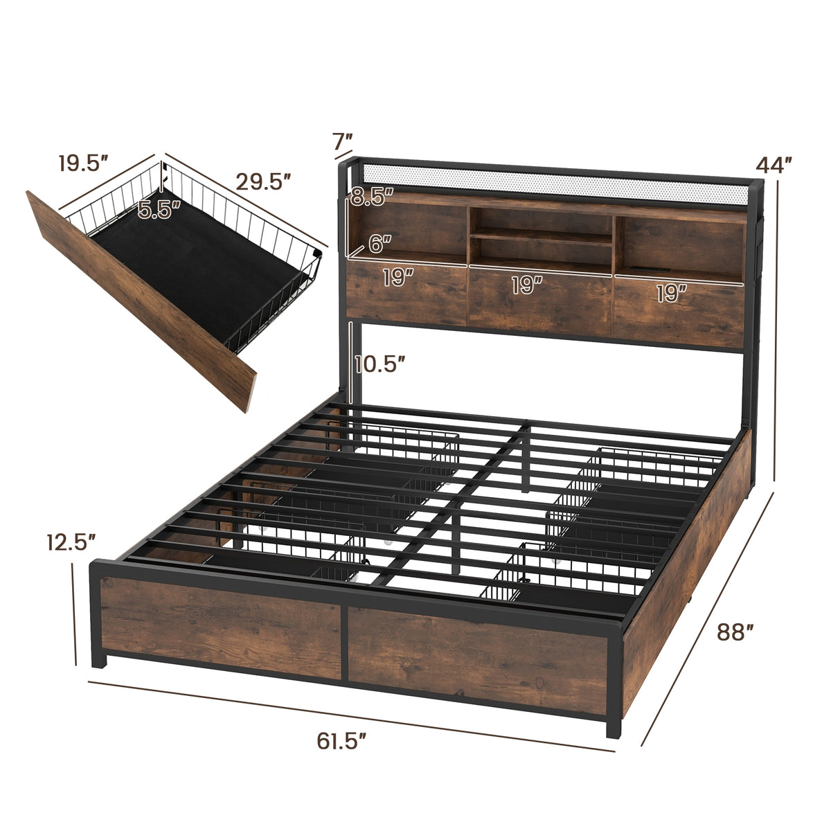 Bed Frame with Bookcase Headboard and 4 Storage Drawers-Simple Bed Frame-DECOROLALA
