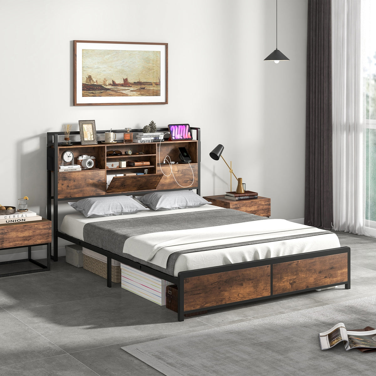 Bed Frame with 3-Tier Bookcase Headboard and Charging Station-Simple Bed Frame-DECOROLALA