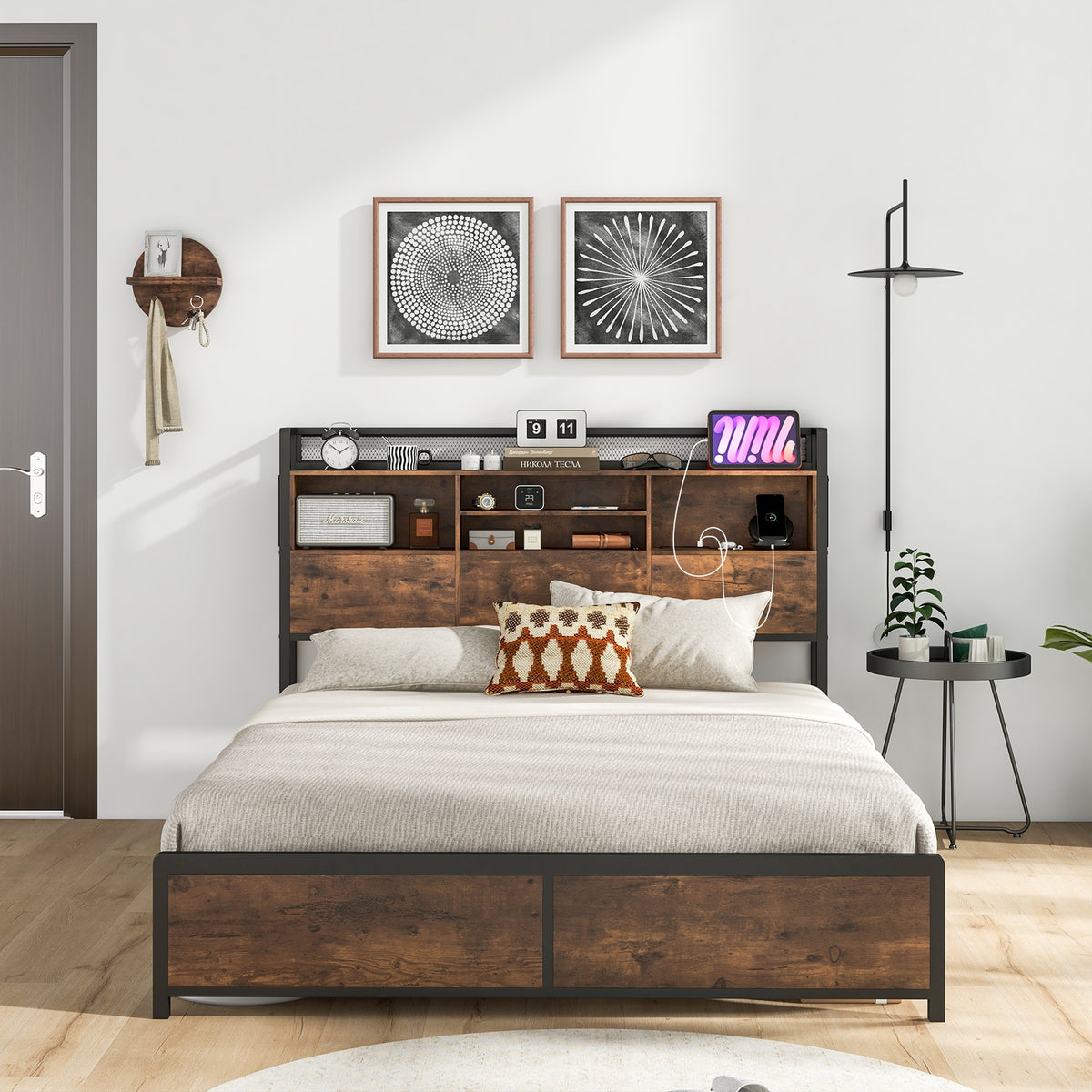 Bed Frame with 3-Tier Bookcase Headboard and Charging Station-Simple Bed Frame-DECOROLALA