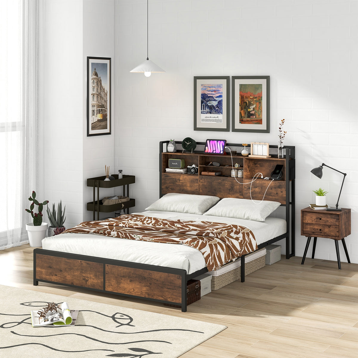 Bed Frame with 3-Tier Bookcase Headboard and Charging Station-Simple Bed Frame-DECOROLALA