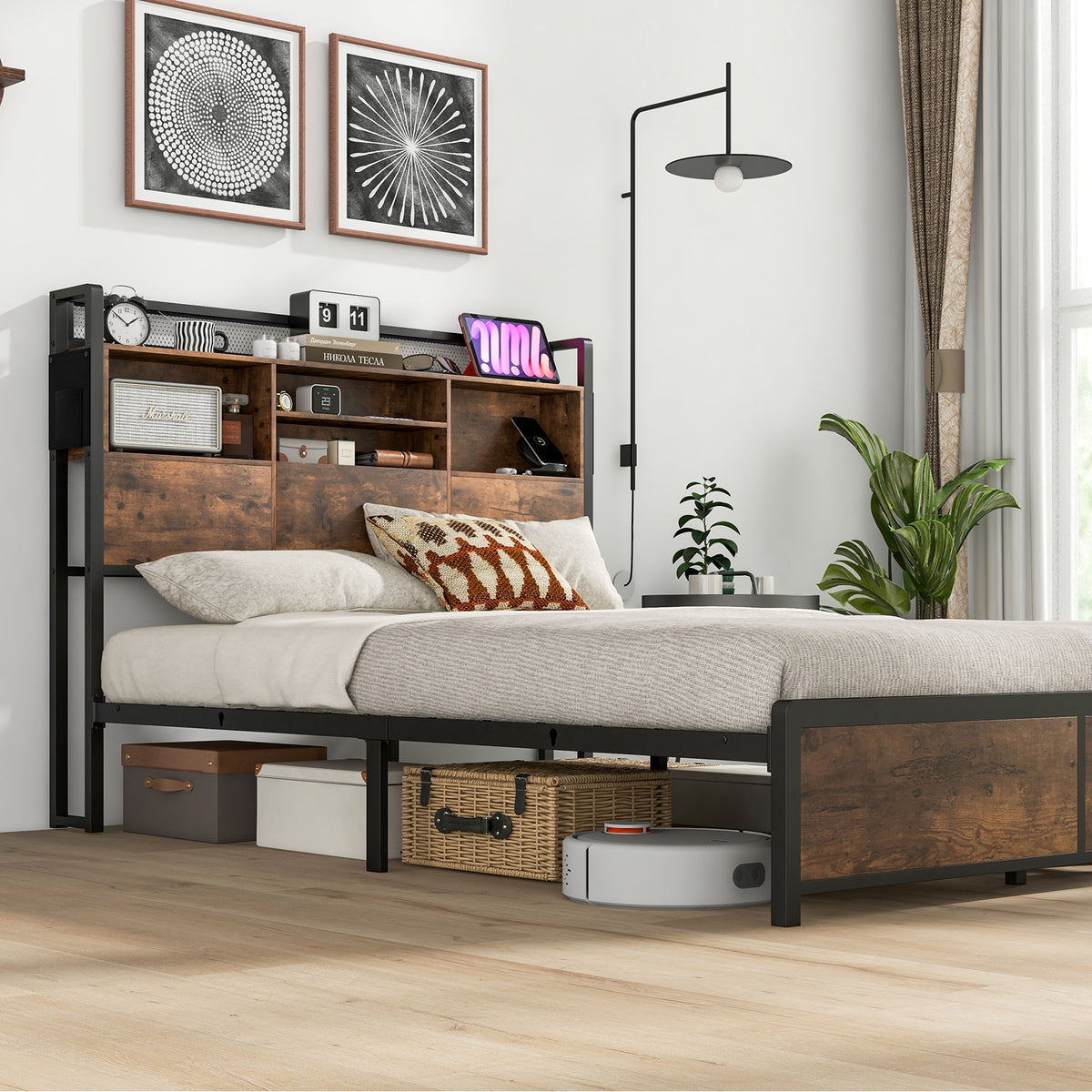 Bed Frame with 3-Tier Bookcase Headboard and Charging Station-Simple Bed Frame-DECOROLALA