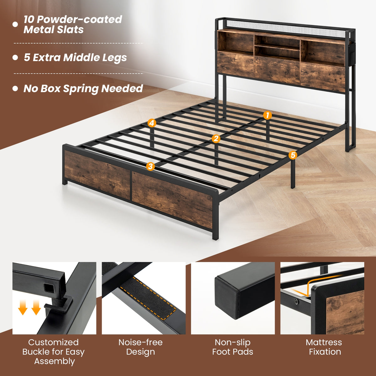 Bed Frame with 3-Tier Bookcase Headboard and Charging Station-Simple Bed Frame-DECOROLALA