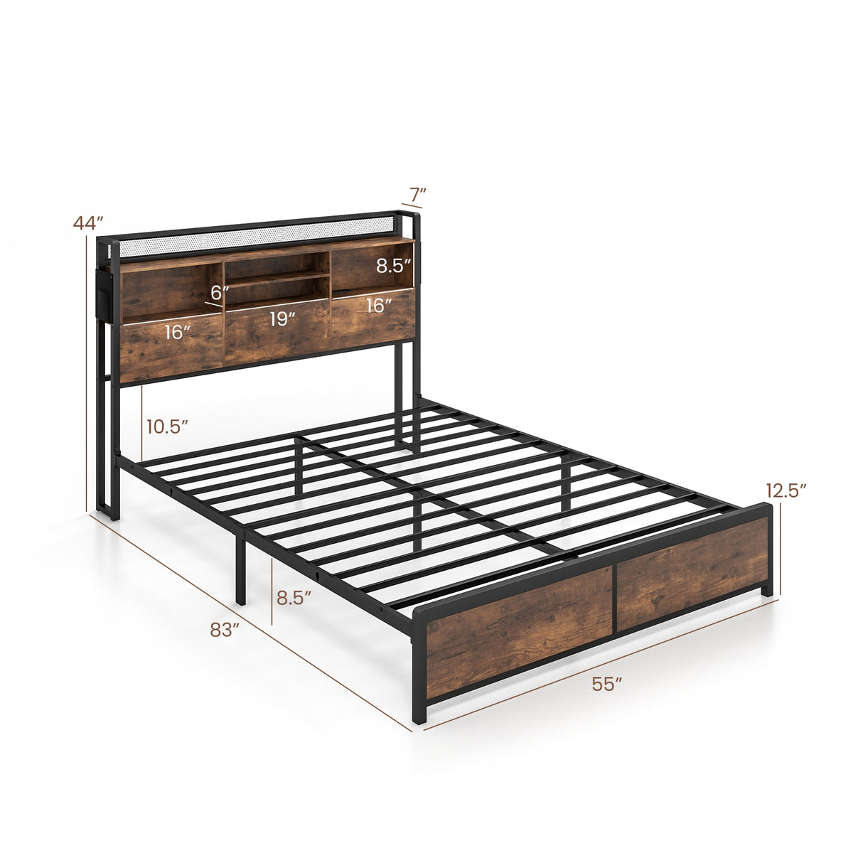 Bed Frame with 3-Tier Bookcase Headboard and Charging Station-Simple Bed Frame-DECOROLALA