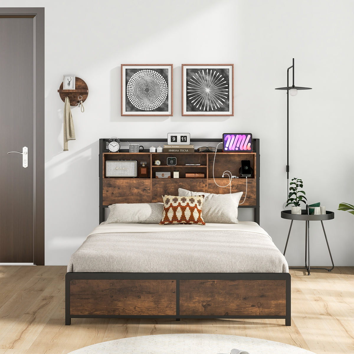 Bed Frame with 3-Tier Bookcase Headboard and Charging Station-Simple Bed Frame-DECOROLALA