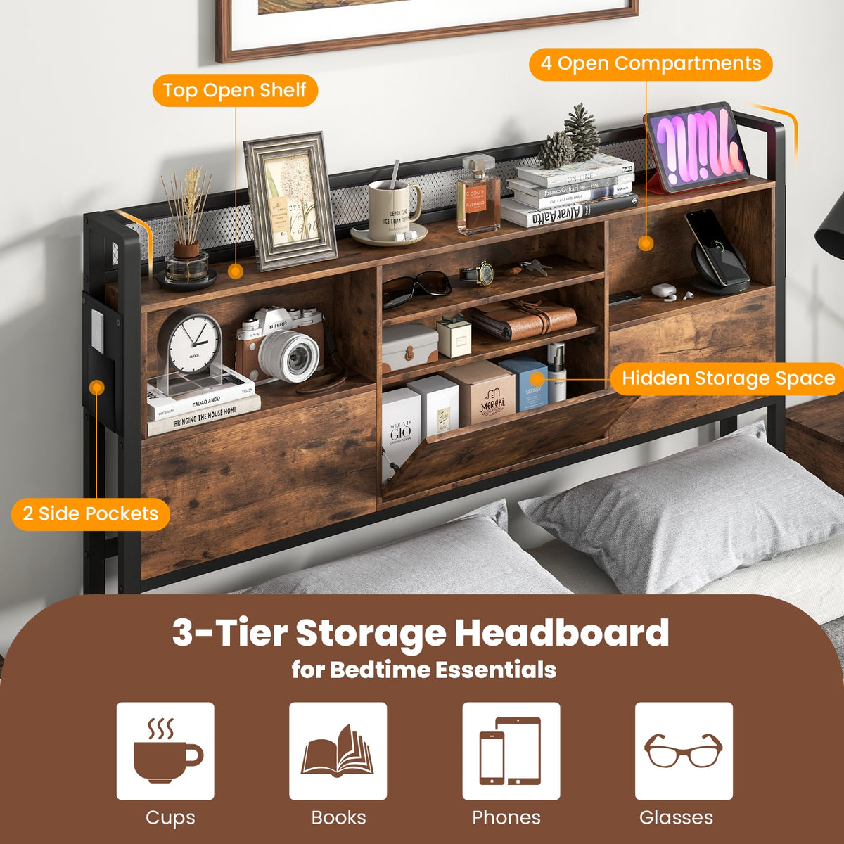 Bed Frame with 3-Tier Bookcase Headboard and Charging Station-Simple Bed Frame-DECOROLALA