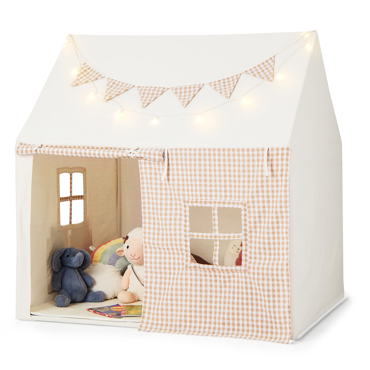 Grande tente de jeu pour enfants avec tapis rembourré et 2 fenêtres respirantes-Beige