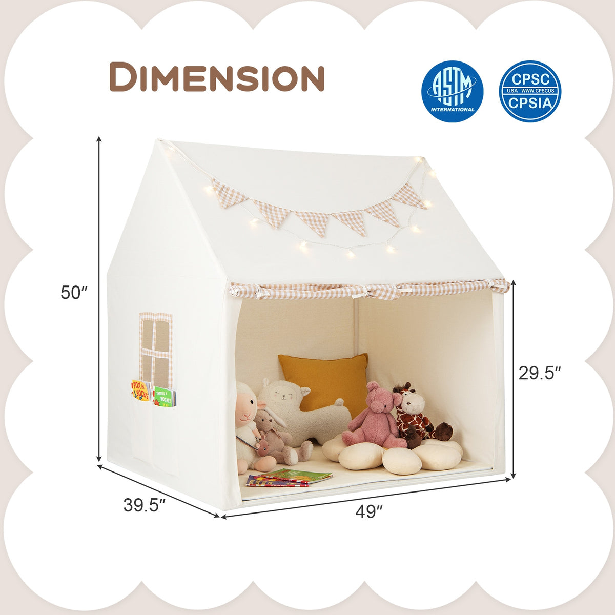 Grande tente de jeu pour enfants avec tapis rembourré et 2 fenêtres respirantes-Beige