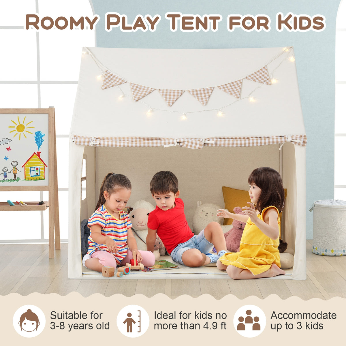 Grande tente de jeu pour enfants avec tapis rembourré et 2 fenêtres respirantes-Beige