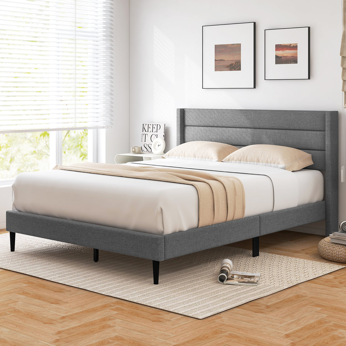 Linen Upholstered Platform Bed Frame with Wingback Headboard-Simple Bed Frame-DECOROLALA