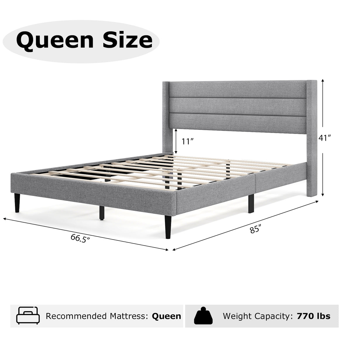 Linen Upholstered Platform Bed Frame with Wingback Headboard-Simple Bed Frame-DECOROLALA