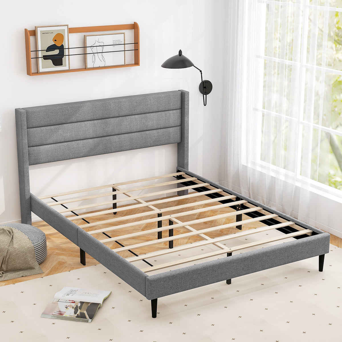 Linen Upholstered Platform Bed Frame with Wingback Headboard-Simple Bed Frame-DECOROLALA