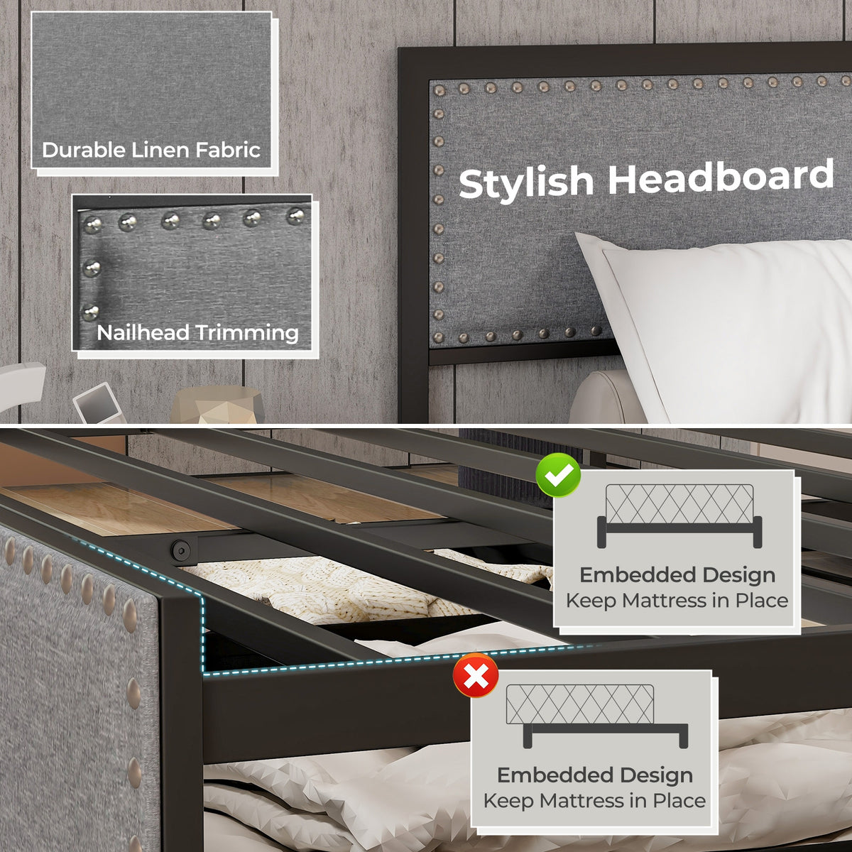 Bed Frame with LED Lights Drawer and Metal Slats-Simple Bed Frame-DECOROLALA